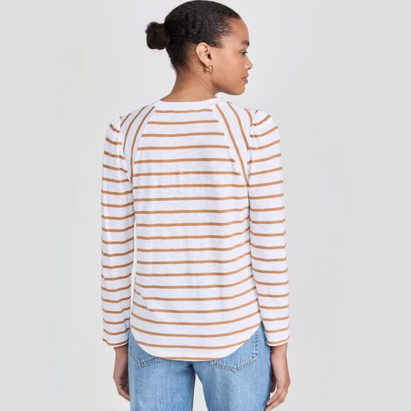 Veronica Beard Mason Stripe Puff Sleeve Baseball Tee White Caramel Size M - Picture 11 of 16